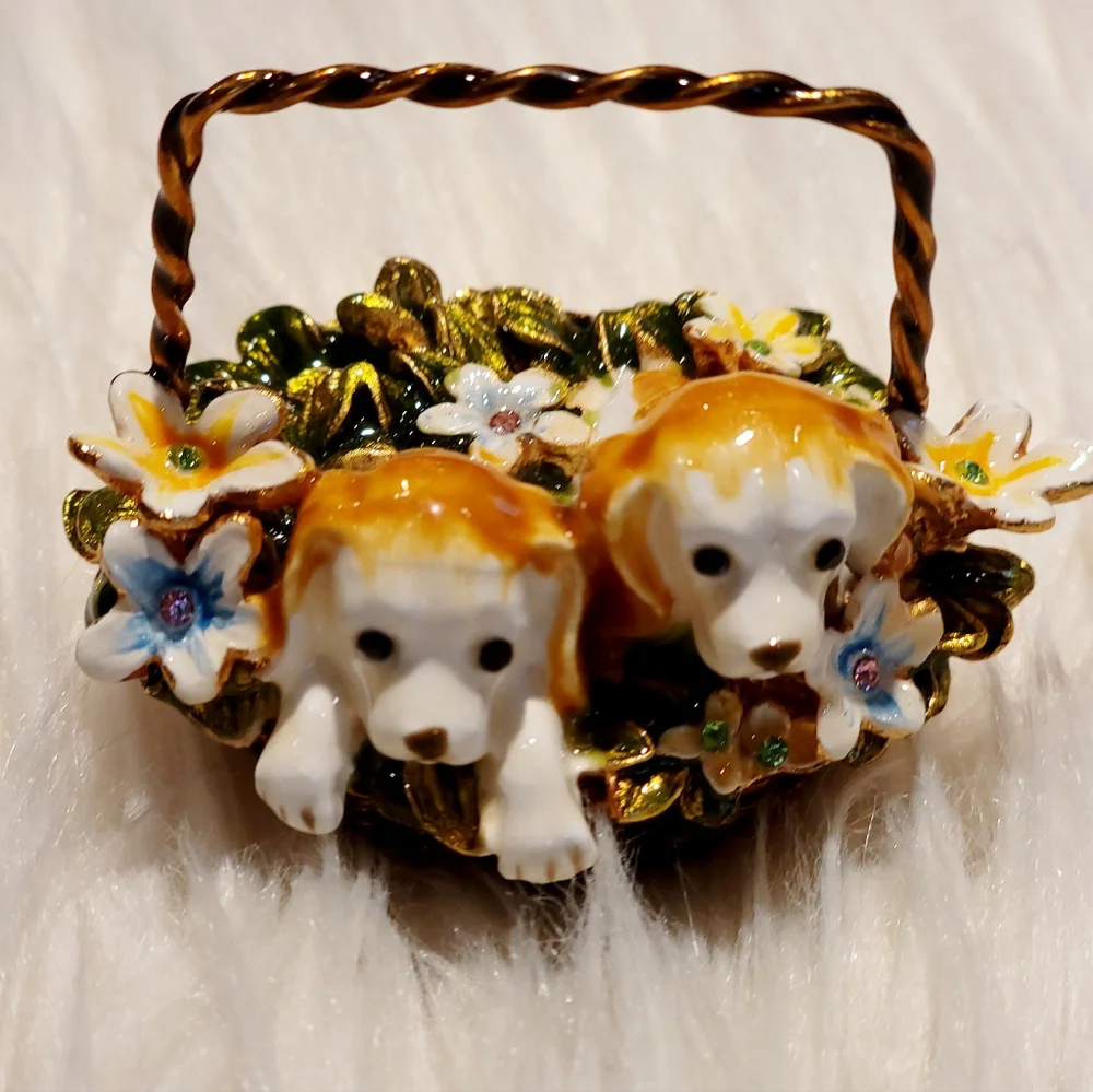 Bejeweled Puppies in Basket Hinged Metal Enameled Trinket Box  - New